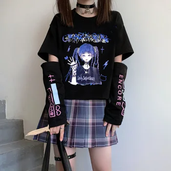 Emo Y2K Japán Streetwear E Anime Lány A Karját Borító Grafikus Felső Harajuku Aranyos Nyári Alt Felsők Női Póló Ruha