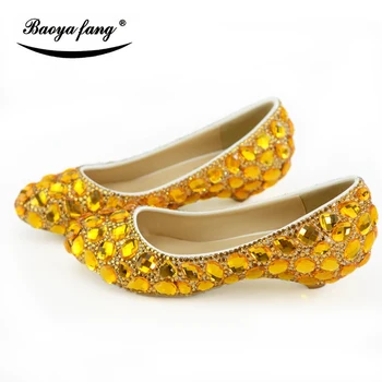 BaoYaFang Arany kristály női esküvői cipő Menyasszony ékek női nagy méret 44 kör toe Party ruha, cipő, női cipőt