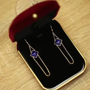 Tervező egyedi, kreatív, természetes, lapis lazuli hosszú geometriai gyémánt fülbevaló elegáns varázsa kreatív női ezüst ékszer