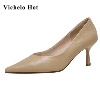Vichelo Forró valódi bőrből készült, hegyes toe sekély magas sarkú szilárd egyszerű stílus fiatal hölgy kényelmes csúszik a nők szivattyúk L02