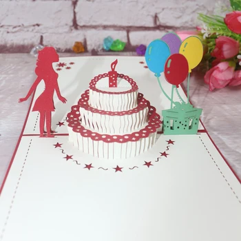 3D Kézzel készített Fúj Gyertya Lány Születésnapi Torta Papír Meghívó, Üdvözlő Képeslap, Lányom Szülinapi Buli Kreatív Ajándék