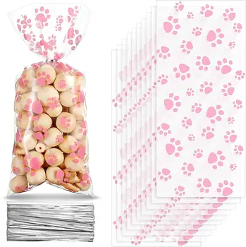 Rózsaszín Háziállat Paw Print Kúp Celofán Csomagokat Hő Zárható Candy Táskák Kutya Mancsa Ajándék Táskák Macska Kezelni Táska Csavar Kapcsolatok a kedvtelésből tartott állatok Kezelésére Fél