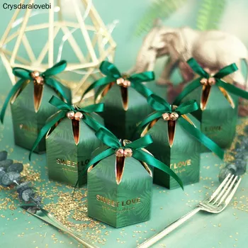Zöld Cukorkát Doboz szalaggal csokoládé ajándék dobozok ajándéktárgyak a vendégek esküvői kedvezmények, valamint ajándékok, Születésnapi Baby Shower Szívességet dobozok