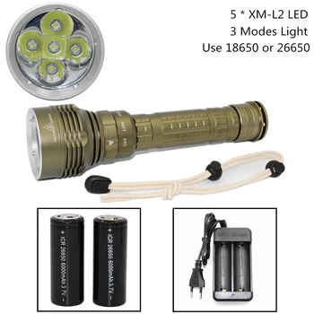 Vízálló Búvárkodás lámpa 5 x, XM-L2 LED Búvár fáklya fehér fény lámpa + 18650 / 26650 akkumulátor + USB HÁLÓZATI Töltő