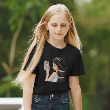 Jázmin Hercegnő Önarckép Nyomtatás Gyerekek Tshirts Harajuku Girls Képregény Felső Póló Gyermekek Grafikus Fekete Disney Póló T-Shirt Hajó