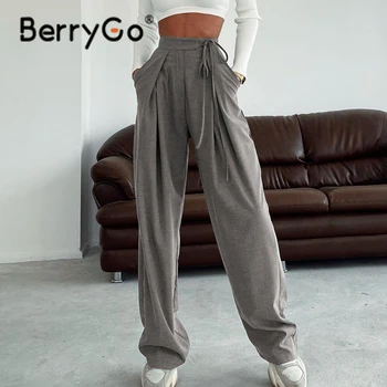 BerryGo Alkalmi csipke zseb a nők nadrágot őszi Laza, rugalmas, magas derék munka alja szilárd Office lady divat, öltöny nadrág 2021