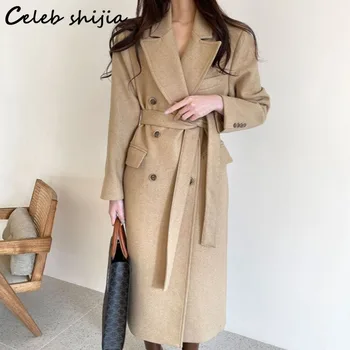 Új Elegáns Gyapjú & Keverékek Dzseki Nő Lace-up Téli Keki Laza Vintage Hosszú Kabátok Női Őszi Streetwear Ruházat