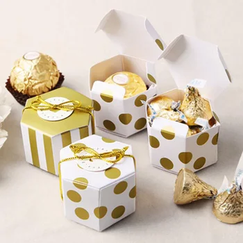 10db Mini Szép Arany Kör Pöttyös Arany Csíkos Papír Édességet Dobozok ajándék a Babának doboz Születésnap Esküvő Party Szívességet Doboz