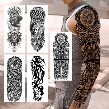 Fekete Maori Totem Ideiglenes Tetoválás Ujjú Férfi Felnőtt Ál-Teknőc Ördög Szeme Oroszlán Tetoválás Matrica Vízálló Teljes Karján Tetoválás