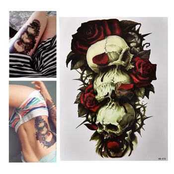 A legjobb Eladási Magas Minőségű, Vízálló Skull and Rose Ideiglenes Tetoválás Lehet Távolítani Nagy Kar Body Art Tetoválás Matrica