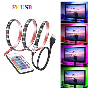 USB LED Szalag 5050RGB Színes TV Háttér Világítás 5V 50CM 1M-5M Rugalmas 24-kulcs, távirányító DIY Beltéri dekoráció