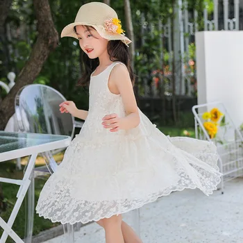 4 to16 Év Tini lány fehér csipke ruha gyermekek virág ujjatlan Mellény princess party ruha, nyári ruha, tánc zongora születésnapja