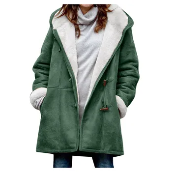 Téli Nehéz Kabát Kabát Női Sűrűsödik Fleece Bélelt Kapucnis Gombot Plus Size Dzsekim Zsebében A Hideg Időjárás