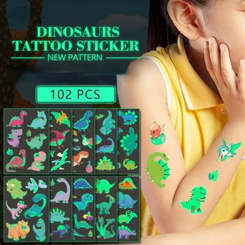 Dinoszaurusz Világító Tetoválás Matrica Gyerekeknek, Karikatúra Szórakoztató Tyrannosaurus Vízálló Ideiglenes Fluoreszkáló Zöld Világító Jutalom Matrica