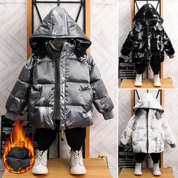 Japanned bőr 2020 Téli Fiúk Alkalmi Kapucnis Kabát Gyermekek Meleg Sűrűsödik Parka Kabát Kisgyermek Baba Divat Ezüst Vastag Téli