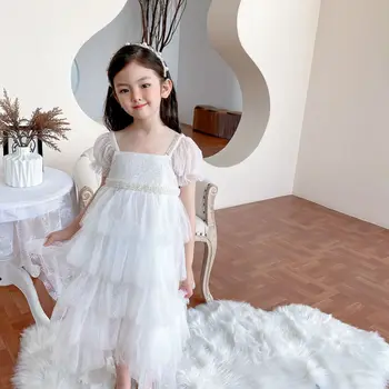 Gyerek Ruha, a Lányok a Kislány Fehér Esküvői Ruha koreai Stílus Torta Ruha Gyöngyös, Rövid ujjú Princess Party Ruha 3-9 Év