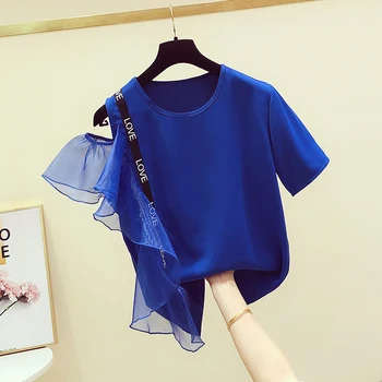 Kék Tshirt 2020-As Nyári Új Koreai Organza Fodros Vágták Le Váll Rövid Ujjú Póló Női Póló Alkalmi Pamut Póló Maximum
