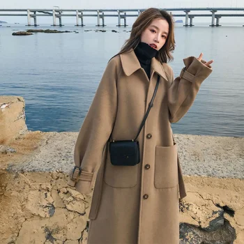 Gyapjú Kabát Vastag Női Közepes hosszúságú Őszi Új Laza Gyapjú Kabát Téli Kabát Teve koreai Divat Gyapjú Kabát, mellény