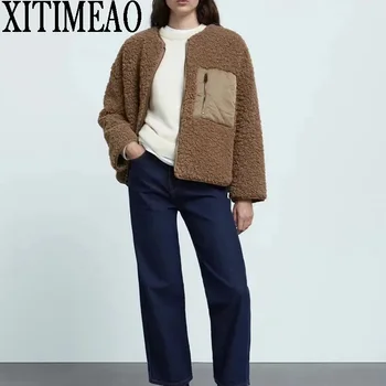 Xitimeao Za Női Kabát 2022 Divat Gyapjú Két oldalas Viselni kabát Kabát Vintage Hosszú Ujjú Női Felsőruházat, Elegáns Felsők