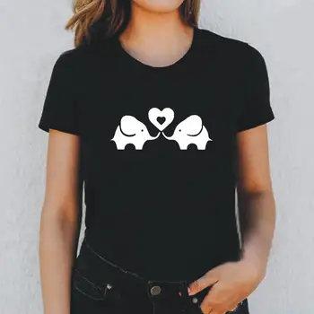 Aranyos A Két Elefánt Nyomtatás Póló Femme Nyári Rövid Ujjú Harajuku Póló Női Felsők Pamut Alkalmi Tshirt Camiseta Mujer