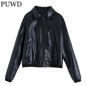 PUWD Slim Női Műbőr Kabát 2021 Őszi/Téli Alkalmi Személyiség Tiszta Színű, Klasszikus Hajtóka Utca Retro Női Outwear
