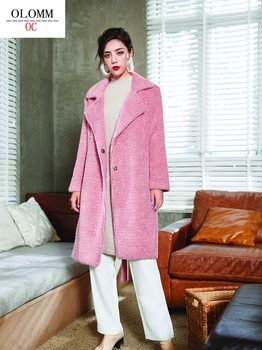 OLOMM eredeti design Gyapjú kabát Női Főiskolai stílusú Rózsaszín közepes hosszúságú szőrzet Laza Lace-up kabát L3137