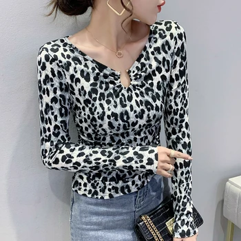 ÚJ, 4 Színben Leopárd pólók Női Vékony Hosszú Ujjú Ruched Maximum Y2k koreai Divat Kifutón 2021 Alkalmi Irodai Ing Streetwear