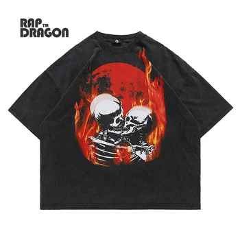 A férfiak Streetwear Hip-Hop T-shirt Harajuku Rock Koponya Nyomtatás Tshirt Pamut Vintage Túlméretezett póló 2021 Nyári Top Divat Ruhák