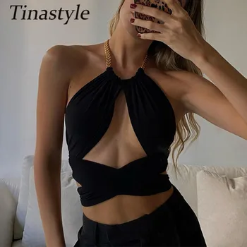 Tinastyle Láncok Kötőfék Kötést Crop Top Női Nyári 2021 Fekete Pántos Rövid Fél Tank Tetején Alkalmi Klub y2k felső Streetwear