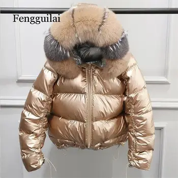 Hamis Fox Prémes Téli Kabát Női Arany Meleg Kabát Szőrme Kabát Le Női Fehér Kacsa Kabát Téli Vízálló Kabát