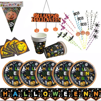 Halloween Party Dekoráció Sütőtök Fej Téma Ajtó Címke Papír Tányérok Szívószál Abrosz Dekoráció, Party Kellékek Eldobható Evőeszközök