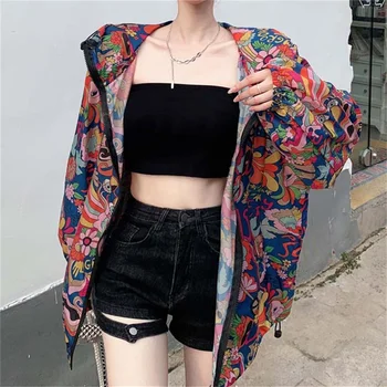 Idegen Kitty Streetwear Kabát Kapucnis Nyomtatás Virágos, Új Elegáns Őszi Kabátok Túlméretes Nők 2021 Szelíd Divat Laza Fényvédő
