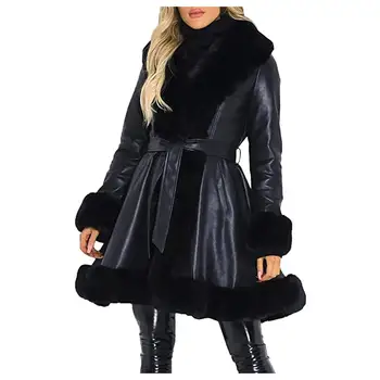 Téli Meleg Műbőr Kabát Divat Woam Streetwear Vastag Kapcsolja Le A Gallér, Hosszú Felsőruházat, Elegáns Egyszínű Kabátok