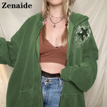 Zenaide Nyomtatás Y2k Kabátok Grunge Fairycore Cipzáras Kapucnis Kabát Őszi Téli Zöld Vintage Nők Túlméretezett Outwear Koreai Goth