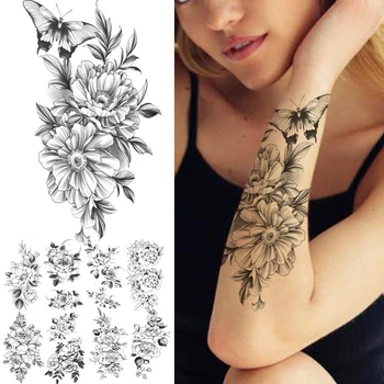 Fekete Rózsa Reális Hamis Tetoválás Nőknek Női Fasz Pillangó Rose Ideiglenes Tetoválás Matrica Vízálló Tattos Alkar Kar