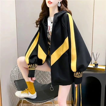 Casula Laza Kapucnis Kabát Női Koreai Divat Lámpás Rövid Ujjú Kabát Női Színes Patchwork Cipzár Őszi Outwear Hölgyek