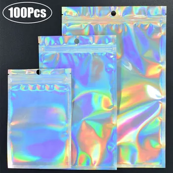 100 Lapos Zip-zár táskák Csomag Táska Holografikus Táskák Fürdő Só Kozmetikai Táska Mini Alumínium Fólia Zsák Smink Cipzár Táska